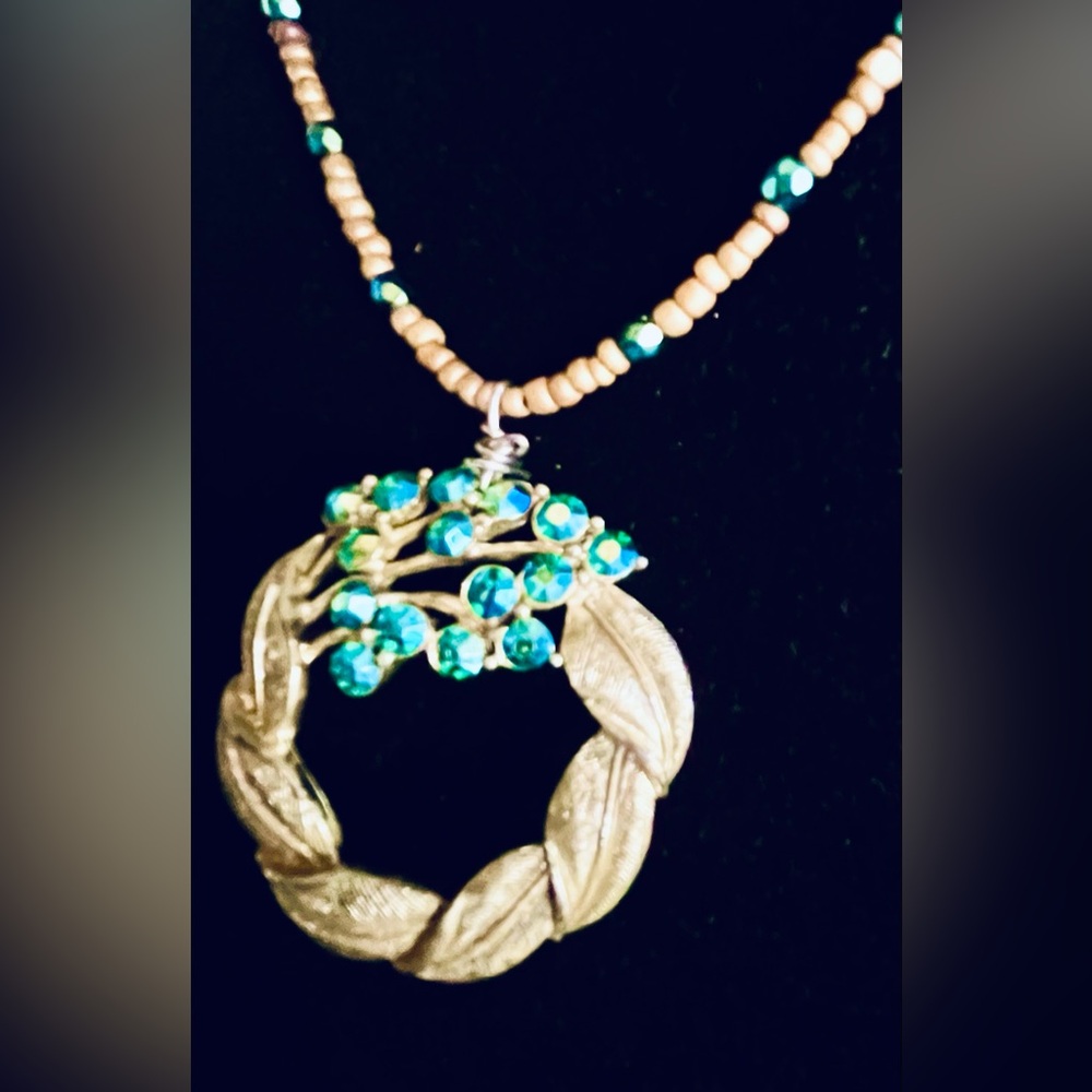 Gold and Green Beaded Necklace with Leaf Vintage Brooch Pendant